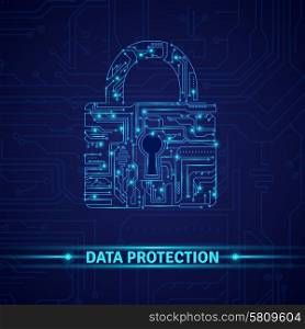 Data protection concept with circuit in lock shape on blue background vector illustration. Data Protection Concept