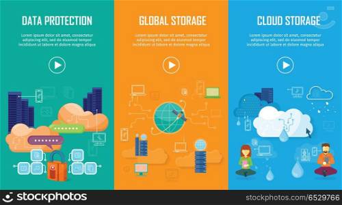 Data Protection Global and Cloud Storage Banners. Data protection global storage cloud storage banners set. Online storage concept. Storage and cloud, cloud computing, cloud backup, data network internet web connection. Saving information. Vector