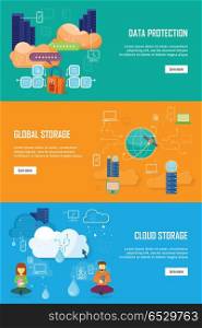 Data Protection, Global Storage and Cloud Storage. Data protection, global storage and cloud storage. Data security, data privacy, security and data stream, data backup, cloud computing, online storage, data storage, internet web illustration