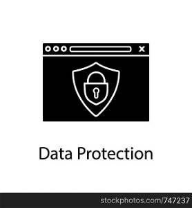 Data protection glyph icon. Safe internet connection. Internet, cyber security. Data encryption. Web browser with padlock, shield. Secure web hosting. Silhouette symbol. Vector isolated illustration. Data protection glyph icon