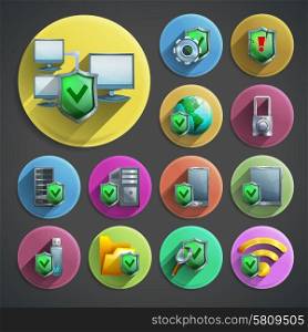 Data protection icons set . Data protection and computer security cartoon round icons set with shield and networks on black background shadow isolated vector illustration