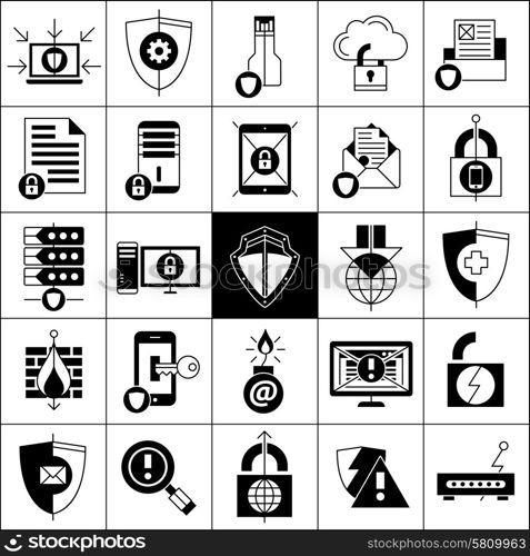 Data Protection Icons Set . Data protection line black white icons set with shields locks and mail flat isolated vector illustration