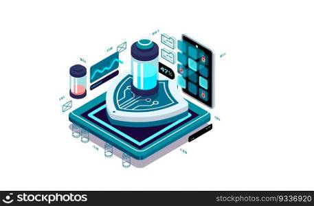 Data protection in the smartphone, Safe charging, battery control in the phone.. Data protection in the smartphone, Safe charging, battery control in the phone. Data visualization concept. 3d isometric vector illustration.