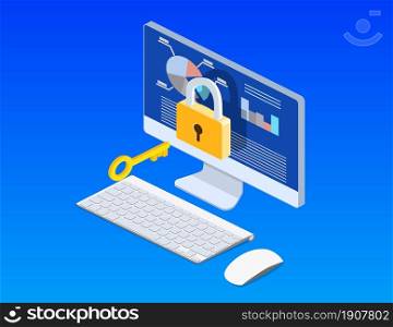 Data protection. Internet security. 3d isometric computer pc with key, lock. Concept for web page, banner, presentation, social media, documents cards, posters. isometric computer with key, lock
