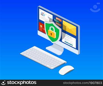 Data protection. Internet security. 3d isometric computer pc with shield, lock. Concept for web page, banner, presentation, social media, documents, cards posters. isometric computer with key, lock
