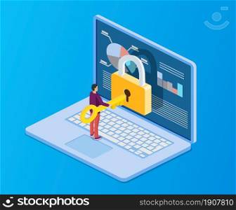 Data protection. Internet security. 3d isometric people, man computer pc with key, lock. Concept for web page, banner, presentation, social media, documents cards, posters. isometric computer with key, lock
