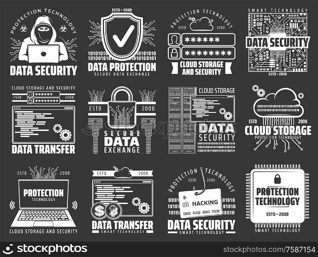 Data protection, internet security and secure data exchange vector icons of internet technology design. Computer, laptop and lock, cloud storage, shield and key, database firewall, hacker and padlock. Computer, laptop, hacker, padlock, key, data cloud