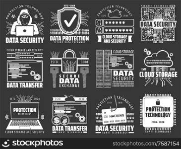 Data protection, internet security and secure data exchange vector icons of internet technology design. Computer, laptop and lock, cloud storage, shield and key, database firewall, hacker and padlock. Computer, laptop, hacker, padlock, key, data cloud