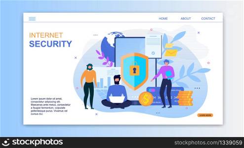 Data Protection Landing Page. Online Service Offering Internet Security, Credit Card Check and Confidential Software Database Access. Financial Insurance. Safe Money Transfer. Vector Flat Illustration. Landing Page for Service Offers Internet Security
