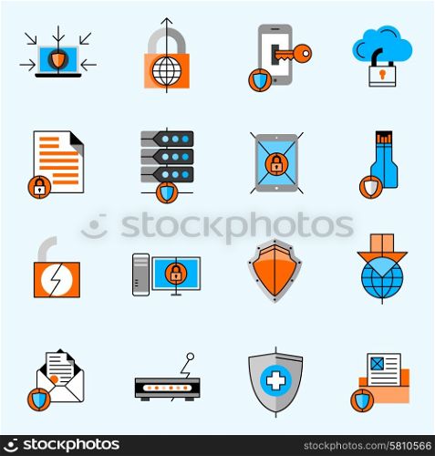 Data Protection Line Icons Set. Data protection line icons set with locks and shields flat isolated vector illustration