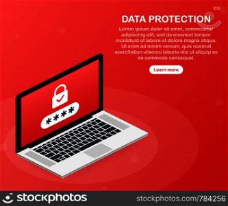 Data Protection on laptop, privacy, and internet security. Vector stock illustration.
