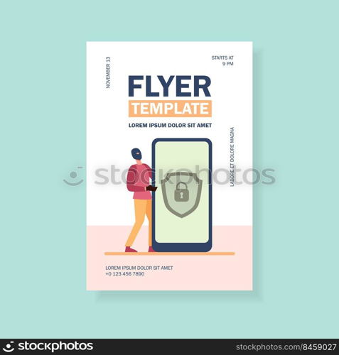 Data protection on mobile phone. Hacker stealing personal data flat vector illustration. Hacking, fraud, digital security concept for banner, website design or landing web page