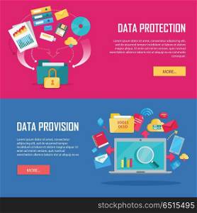 Data protection, provision web banners. Flat style. Folder secured by lock, laptop, phone, documents with indexes, binders, e-mail, letters, cloud, discs icons. For cloud services encryption app ad. Set of Data Protection and Provision Web Banner . Set of Data Protection and Provision Web Banner