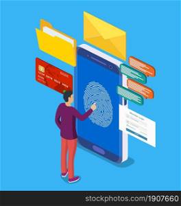 Data protection. Scan fingerprint to mobile phone. Smartphone id security system. Digital signature. Security of users mobile data using personal identification technology. 3d isometric. Scan fingerprint to mobile phone.