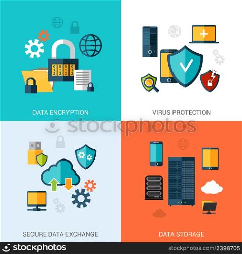 Data protection set with encryption secure exchange storage flat icons isolated vector illustration