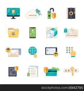 Data Protection Symbols Flat Icons Set. Safe personal data storage and online information exchange software protection shield flat icons set isolated vector illustration