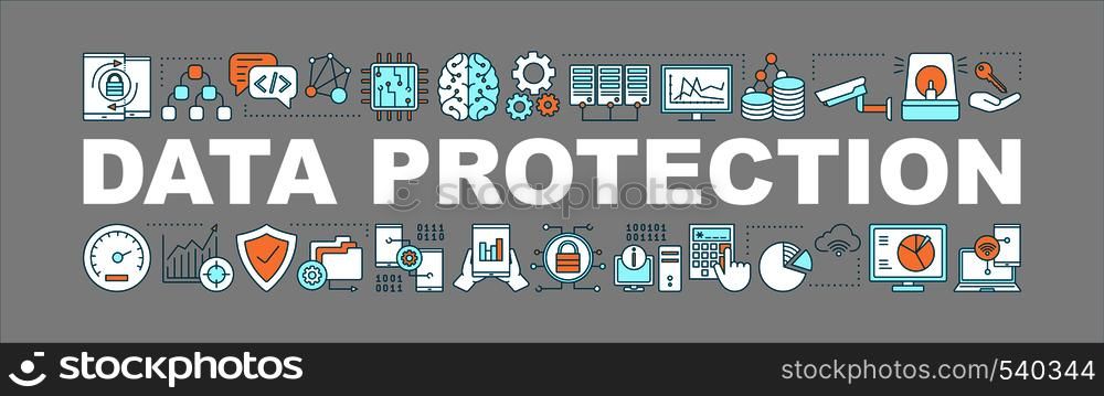Data protection word concepts banner. IT technology. Big data. Isolated lettering typography idea with linear icons. Machine learning. Vector outline illustration. Data protection word concepts banner