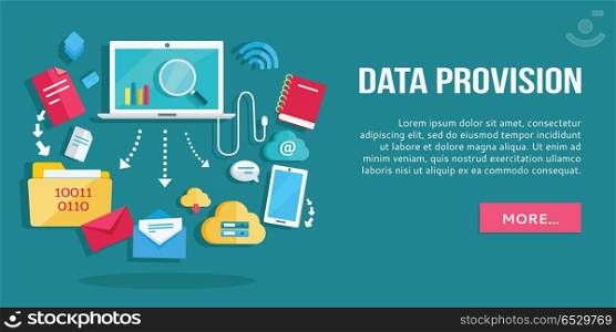 Data Provision Banner. Data provision banner. Networking communication and data icons around laptop on blue background. Data protection, global storage service and online cloud storage, security and privacy, safety, backup