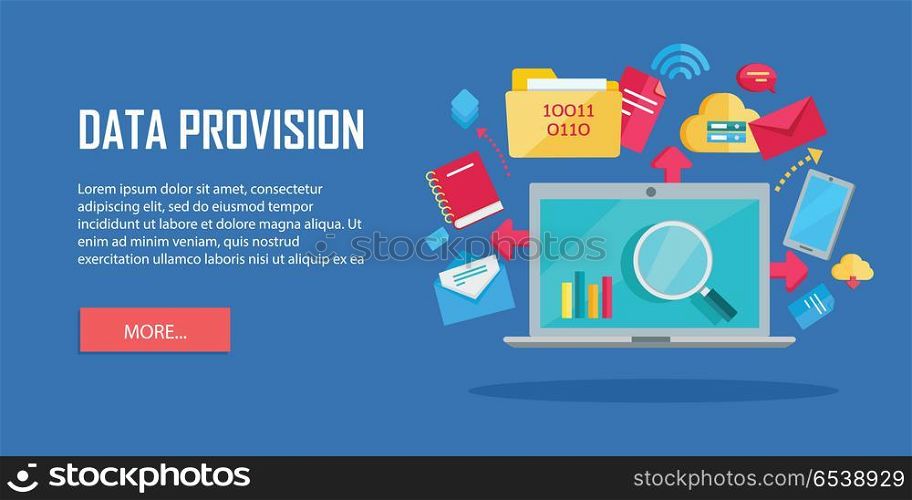 Data Provision Banner. Data provision banner. Networking communication and data icons around laptop on blue background. Data protection, global storage service and online cloud storage, security and privacy, safety, backup