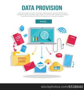 Data Provision Banner. Data provision banner. Networking communication and data icons around laptop on white background. Data protection, global storage service and online cloud storage, security and privacy, safety, backup