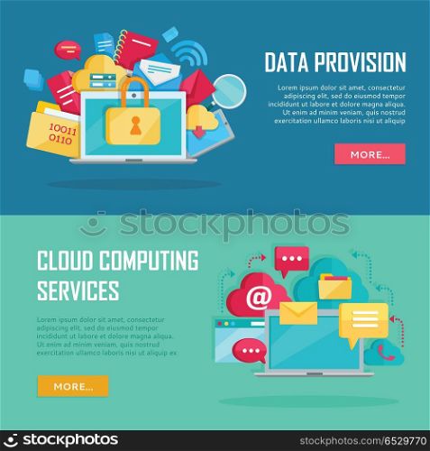 Data Provision, Cloud Computing Services Banners. Data provision and cloud computing services banners. Networking communication and data icons near laptop. Data protection, online cloud storage, security, global storage, privacy, online communication
