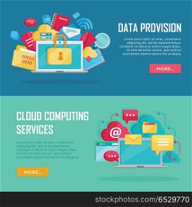 Data Provision, Cloud Computing Services Banners. Data provision and cloud computing services banners. Networking communication and data icons near laptop. Data protection, online cloud storage, security, global storage, privacy, online communication