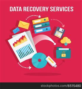 Data Recovery Services Banner. Data recovery services banner. Networking communication and data carriers icons on red background. Data protection, storage service and online cloud storage, security and privacy, safety and backup.