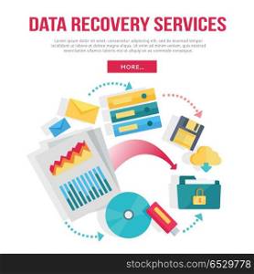Data Recovery Services Banner. Data recovery services banner. Networking communication and data carriers icons on white background. Data protection, storage service and online cloud storage, security and privacy, safety and backup.