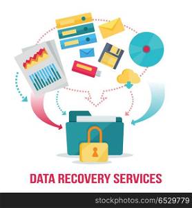 Data Recovery Services Banner. Data recovery services banner. Networking communication and data carriers icons on white background. Data protection, storage service and online cloud storage, security and privacy, safety and backup.
