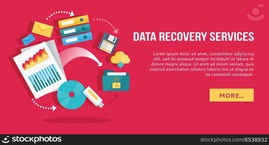 Data Recovery Services. Set of Concept Flat Icons. Data recovery services. Set of concept flat icons data storage, cloud computing, data provision services. Numerous colored web icons, business stuff, computer parts, infographic elements. Vector