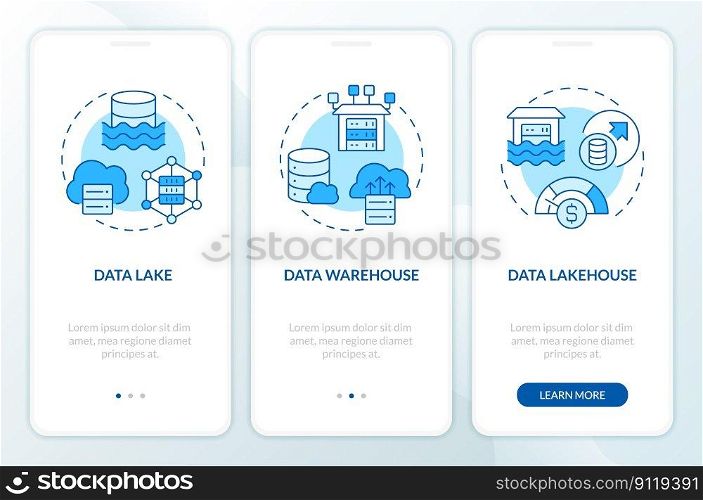 Data repositories blue onboarding mobile app screen. Digital storage walkthrough 3 steps editable graphic instructions with linear concepts. UI, UX, GUI template. Myriad Pro-Bold, Regular fonts used. Data repositories blue onboarding mobile app screen