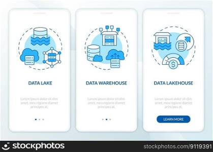 Data repositories blue onboarding mobile app screen. Digital storage walkthrough 3 steps editable graphic instructions with linear concepts. UI, UX, GUI template. Myriad Pro-Bold, Regular fonts used. Data repositories blue onboarding mobile app screen