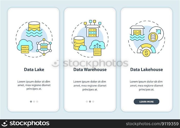 Data repositories onboarding mobile app screen. Digital storage walkthrough 3 steps editable graphic instructions with linear concepts. UI, UX, GUI template. Myriad Pro-Bold, Regular fonts used. Data repositories onboarding mobile app screen
