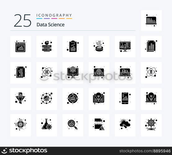 Data Science 25 Solid Glyph icon pack including code. filter. server. conversion. science