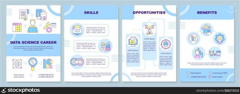 Data science career blue brochure template. Engineer job. Leaflet design with linear icons. Editable 4 vector layouts for presentation, annual reports. Arial-Black, Myriad Pro-Regular fonts used. Data science career blue brochure template