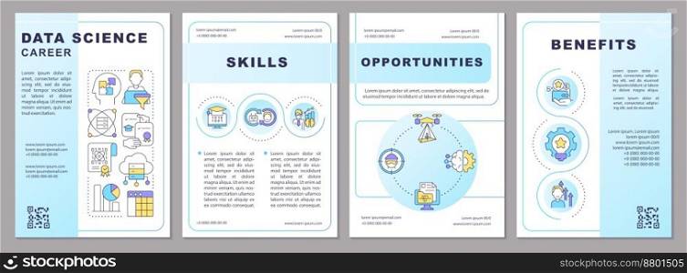 Data science career blue gradient brochure template. Engineer job. Leaflet design with linear icons. 4 vector layouts for presentation, annual reports. Arial, Myriad Pro-Regular fonts used. Data science career blue gradient brochure template