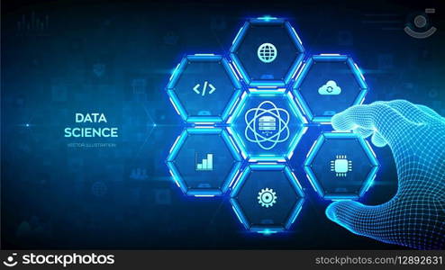 Data Science. Computer science technology concept. Artificial intelligence. Big data. Machine learning. Wireframe hand places an element into a composition visualizing Data Science. Vector. EPS10. Data Science. Computer science technology concept. Artificial intelligence. Big data. Machine learning. Wireframe hand places an element into a composition visualizing Data Science. Vector. EPS10.
