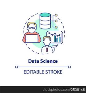 Data science concept icon. Learning top digital skill abstract idea thin line illustration. Big data analysis, processing. Isolated outline drawing. Editable stroke. Arial, Myriad Pro-Bold fonts used. Data science concept icon