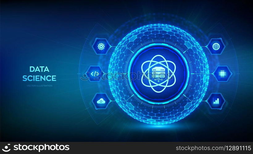 Data Science. Deep learning. Artificial intelligence, Analysis. Big data. Machine learning. Computer science technology concept in the shape of sphere with hexagon grid pattern. Vector illustration. Data Science. Deep learning. Artificial intelligence, Analysis. Big data. Machine learning. Computer science technology concept in the shape of sphere with hexagon grid pattern. Vector illustration.