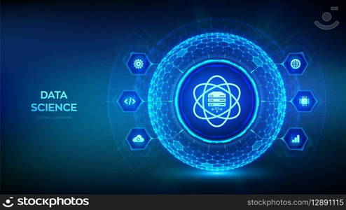 Data Science. Deep learning. Artificial intelligence, Analysis. Big data. Machine learning. Computer science technology concept in the shape of sphere with hexagon grid pattern. Vector illustration. Data Science. Deep learning. Artificial intelligence, Analysis. Big data. Machine learning. Computer science technology concept in the shape of sphere with hexagon grid pattern. Vector illustration.