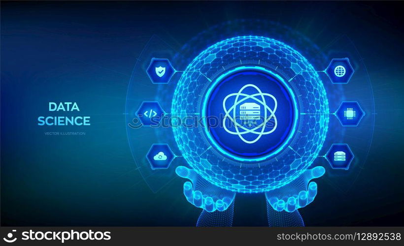 Data Science. Deep learning. Artificial intelligence, Analysis. Big data. Machine learning. 3D sphere globe with surface of hexagons with Computer science icon in wireframe hands. Vector illustration. Data Science. Deep learning. Artificial intelligence, Analysis. Big data. Machine learning. 3D sphere globe with surface of hexagons with Computer science icon in wireframe hands. Vector illustration.
