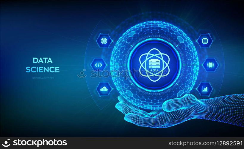 Data Science. Deep learning. Artificial intelligence, Analysis. Big data. Machine learning. 3D sphere globe with surface of hexagons with Computer science icon in wireframe hand. Vector illustration. Data Science. Deep learning. Artificial intelligence, Analysis. Big data. Machine learning. 3D sphere globe with surface of hexagons with Computer science icon in wireframe hand. Vector illustration.