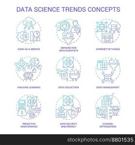 Data science trends blue gradient concept icons set. Technology development analytics idea thin line color illustrations. Isolated symbols. Roboto-Medium, Myriad Pro-Bold fonts used. Data science trends blue gradient concept icons set