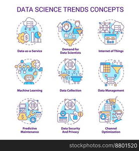 Data science trends concept icons set. Technology development analytics idea thin line color illustrations. Isolated symbols. Editable stroke. Roboto-Medium, Myriad Pro-Bold fonts used. Data science trends concept icons set