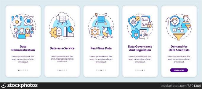Data science trends onboarding mobile app screen. Development walkthrough 5 steps editable graphic instructions with linear concepts. UI, UX, GUI template. Myriad Pro-Bold, Regular fonts used. Data science trends onboarding mobile app screen