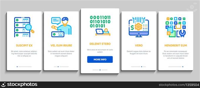 Data Scientist Worker Onboarding Mobile App Page Screen Vector. Server And Web Site Research, Programmer And Data Scientist, Binary Code And Infographic Color Contour Illustrations. Data Scientist Worker Onboarding Elements Icons Set Vector