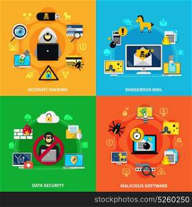 Data Security 2x2 Design Concept. Data security 2x2 design concept set of dangerous mail malicious software and account hacking flat compositions vector illustration