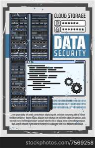 Data security and cloud storage, server login and password info. Vector digital service or app with data transferring. Computer server in datacenter, network, online diagnostics. Data security interface, server login and password