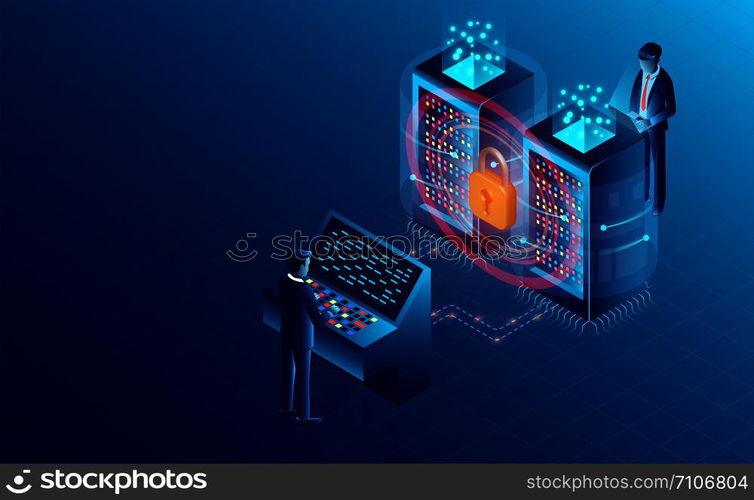 data security concept. data processing protecting. digital information. flat isometric vector illustration