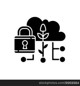Data security in agriculture black glyph icon. Information protection. Smart farm. Cybersecurity in precision agriculture. Silhouette symbol on white space. Vector isolated illustration. Data security in agriculture black glyph icon